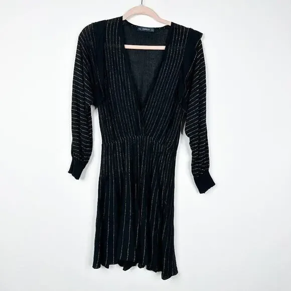2/$30 ZARA Knit Gold Metallic Striped Fit and Flare Skimmer Dress Black #A0669 - Picture 4 of 9
